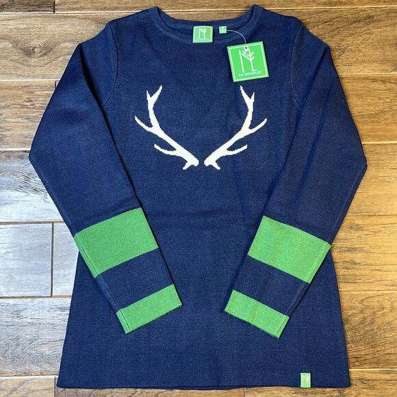 NWT Neve by CK Bradley Wool Sweater Navy Antlers Holiday Apres Women’s Large - Picture 2 of 5